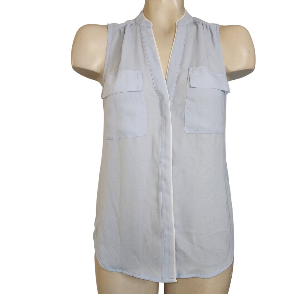 H&M NEW Light Blue Sleeveless V-Neck Blouse White Piping 4 lightweight office